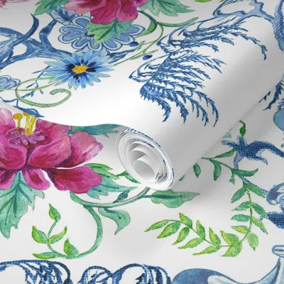 Spoonflower Pre-pasted Wallpaper 12" Chinoiserie Peacock Pagoda Willow Tree Floral In Pink By Audrey Jeanne 2' X