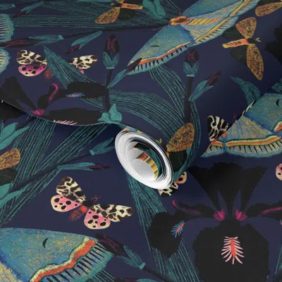 Spoonflower Pre-pasted Wallpaper 12'' Dutch Iris Flower Moths Goth At Night Moody Saturated Maximalist 2' X 12' 
