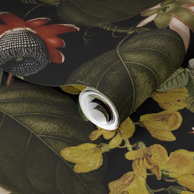 Spoonflower Pre-pasted Wallpaper 14" Exotic Dramatic Vintage Passiflora Flowers Night Garden - Sepia 2' X 12' Re