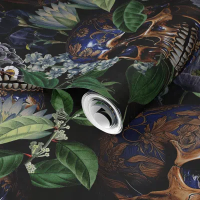 Spoonflower Pre-pasted Wallpaper 14 Girly Gothic Antique Goth Nightfall A Vintage Floral Pattern With Skulls 2' 