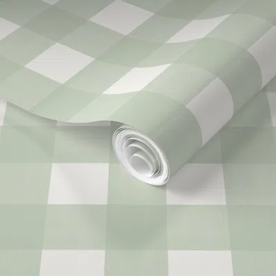 Spoonflower Pre-pasted Wallpaper 1.5" Quiet Green On Cream Cross Hatch Plaid 2' X 12' Removable