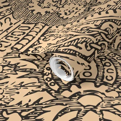 Spoonflower Pre-pasted Wallpaper 15th / 16th Century Spanish Medaillon Blockprint 2' X 12' Removable