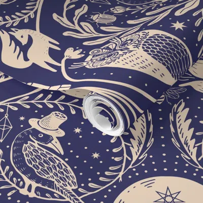 Spoonflower Pre-pasted Wallpaper 17' Whimsigothic Night - Nocturnal Folkart  And Home Decor 2' X 12' Removable