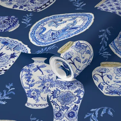 Spoonflower Pre-pasted Wallpaper 18" Chinoiserie Ginger Jars Blue And White  Removable