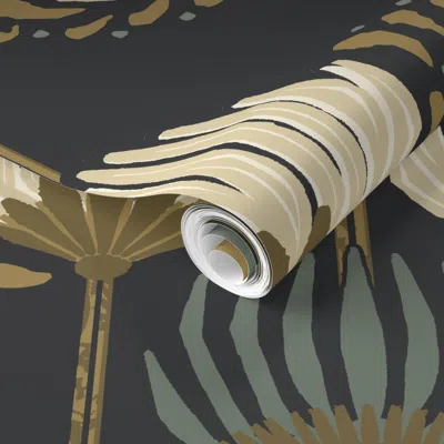 Spoonflower Pre-pasted Wallpaper 1920 Blossom Floral  - Black Cream Gold Green - Jumbo 2' X 12' Removable
