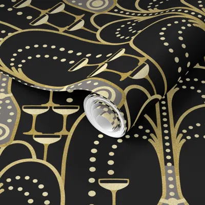 Spoonflower Pre-pasted Wallpaper 1920s Art Deco Champagne Fountain - Black - Faux Gold Foil - Large 2' X 12' Rem
