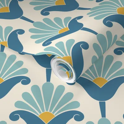 Spoonflower Pre-pasted Wallpaper 1920s Art Deco Egyptian Lotus Flower Ivory Small Scale 2' X 12' Removable