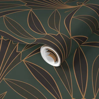 Spoonflower Pre-pasted Wallpaper 1920s Art Deco Palm Leaves Fan Forest Green 2' X 12' Removable