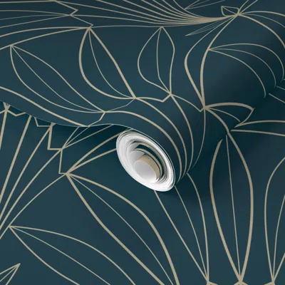 Spoonflower Pre-pasted Wallpaper 1920s Art Deco Palm Leaves Outline Teal 2' X 12' Removable