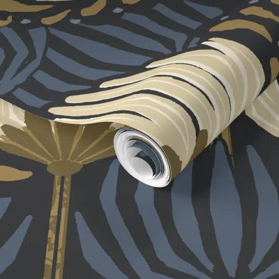 Spoonflower Pre-pasted Wallpaper 1920s Luxury Deco Floral - Black Cream Gold Blue - Jumbo 2' X 12' Removable