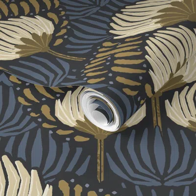 Spoonflower Pre-pasted Wallpaper 1920s Luxury Deco Floral - Black Cream Gold Blue - Large 2' X 12' Removable