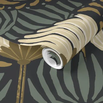 Spoonflower Pre-pasted Wallpaper 1920s Luxury Deco Floral - Black Cream Gold Green - Jumbo 2' X 12' Removable