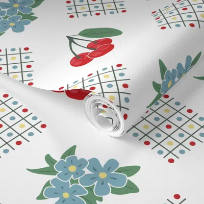 Spoonflower Pre-pasted Wallpaper 1940's Style Kitchen Cherry  In White Large Print 2' X 12' Removable