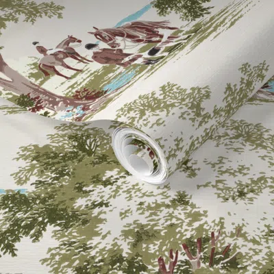 Spoonflower Pre-pasted Wallpaper 1950s Vintage Mid-mod Equestrian Pastoral With Brown 2' X 12' Removable