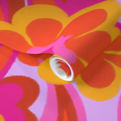 Spoonflower Pre-pasted Wallpaper 1970s Groovy Bold Floral Paisley In Mustard Pink Burnt Orange - Pink 2' X 12' R
