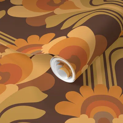 Spoonflower Pre-pasted Wallpaper 1970s Peekaboo Rainbow Floral In Mid Century Brown 2' X 12' Removable