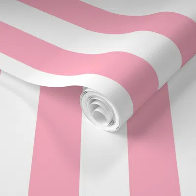 Spoonflower Pre-pasted Wallpaper 2 Inch Wide Vertical Palm Beach Pink And White Cabana Stripes 2' X 12' Removabl