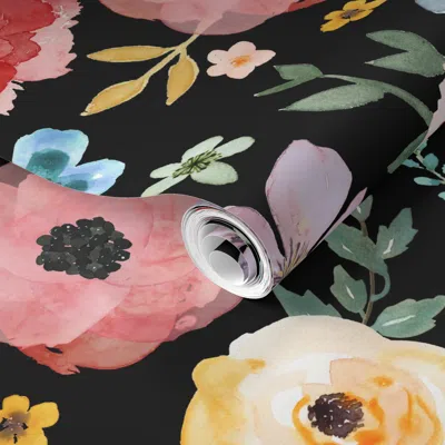 Spoonflower Pre-pasted Wallpaper 21" Floral Fiesta / Black 2' X 12' Removable
