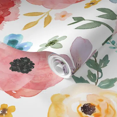 Spoonflower Pre-pasted Wallpaper 21" Floral Fiesta / White 2' X 12' Removable