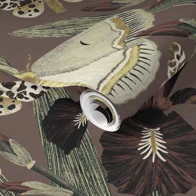 Spoonflower Pre-pasted Wallpaper 24 '' Dutch Iris Flower Moths Muted Maximalist Magical Witchy Goth 2' X 12' Rem