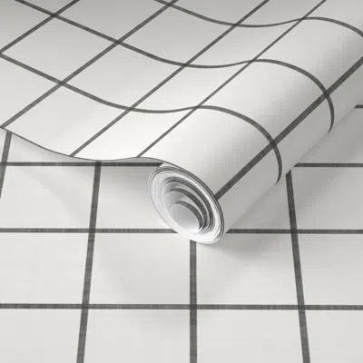 Spoonflower Pre-pasted Wallpaper 2"x2" Midi-scaled Minimalist Vintage Thin Windowpane Plaid - Charcoal Black 2' 