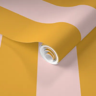 Spoonflower Pre-pasted Wallpaper 3" Bold Pink & Mustard Stripe 2' X 12' Removable In Yellow