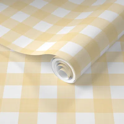 Spoonflower Pre-pasted Wallpaper 3/8" Cottagecore Grandmillennial Muted Lemon Yellow Gingham Plaid 2' X 12' Remo