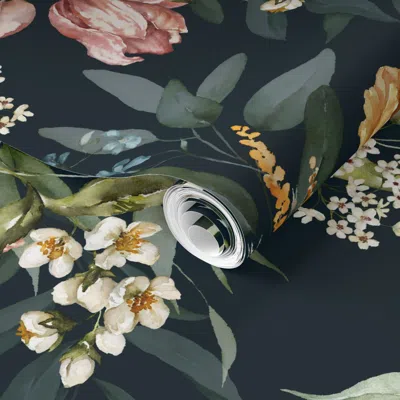 Spoonflower Pre-pasted Wallpaper 491. Beautiful Flowers On Dark Navy Blue Background 2' X 12' Removable
