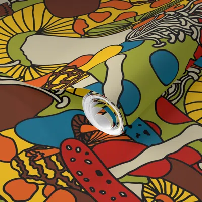 Spoonflower Pre-pasted Wallpaper 70s Psychedelic Mushrooms Small 2' X 12' Removable