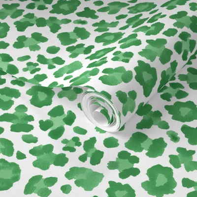 Spoonflower Pre-pasted Wallpaper 8" Leopard Print White And Green 2' X 12' Removable In Multi