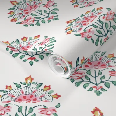Spoonflower Pre-pasted Wallpaper 8in Handblock Medallion Muted Pink And Green 2' X 12' Removable