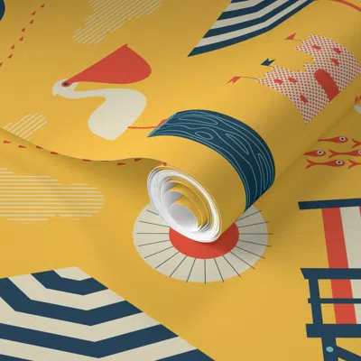 Spoonflower Pre-pasted Wallpaper A Day At The Beach - Yellow  Removable