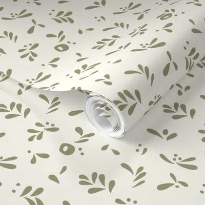Spoonflower Pre-pasted Wallpaper Abstract Floral // Green On Ivory 2' X 12' Removable
