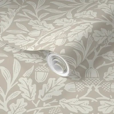 Spoonflower Pre-pasted Wallpaper Acorn In Dove And Linen (arts & Crafts Neutrals) - William Morris 2' X 12' Remo