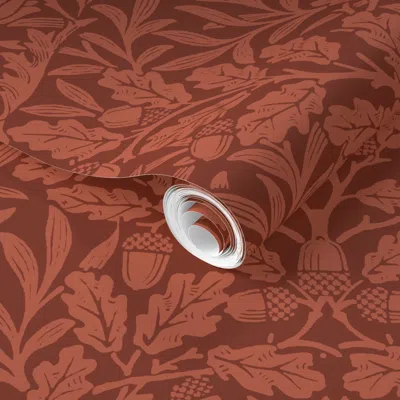 Spoonflower Pre-pasted Wallpaper Acorn In Pure Persimmon (traditional Arts & Crafts) - William Morris 2' X 12' R In Red