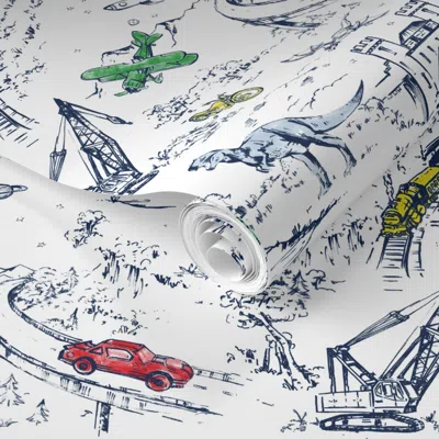 Spoonflower Pre-pasted Wallpaper Adventure Toile Primary Mini 2' X 12' Removable