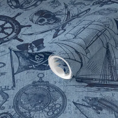 Spoonflower Pre-pasted Wallpaper Ahoy Pirates Adventure Of The Seven Seas Blue Denim 2' X 12' Removable