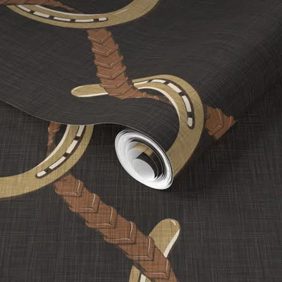 Spoonflower Pre-pasted Wallpaper Ainsley Horseshoe & Reins English Equestrian (large) Carbon Black & Gold 2' X 1