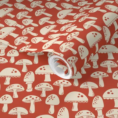 Spoonflower Pre-pasted Wallpaper Alabaster Little Mushrooms On Red - Small  Removable