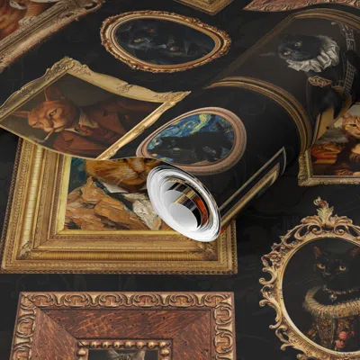 Spoonflower Pre-pasted Wallpaper Ancient Fluffy Funny Gold Framed Museum Portraits Art Wall Collection For 2' X 