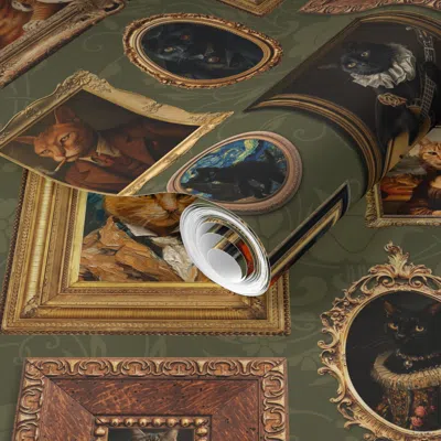 Spoonflower Pre-pasted Wallpaper Ancient Fluffy Funny Gold Framed Museum Portraits Art Wall Collection For  Remo