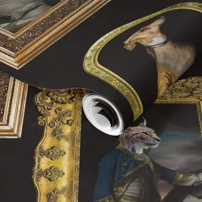 Spoonflower Pre-pasted Wallpaper Ancient Funny Whimsical Fluffy Dogs Portraits - Museum Wall Gold Frames 2' X 12