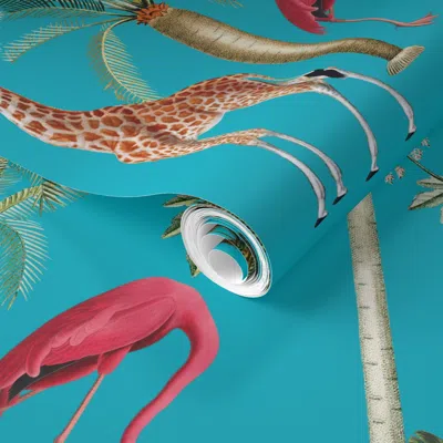 Spoonflower Pre-pasted Wallpaper Antique Africa Tropical Wild Animals Birds Jungle Safari - Palm Trees Blue  Rem