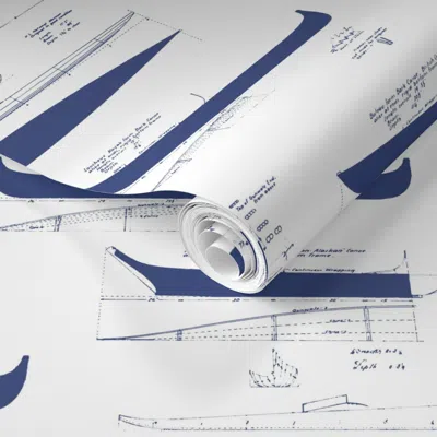 Spoonflower Pre-pasted Wallpaper Antique Kayaks Faded Indigo On White 24in 2' X 12' Removable