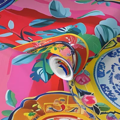Spoonflower Pre-pasted Wallpaper Antique Porcelain On Pink And Green Large Version 24x24 Inches 2' X 12' Removab