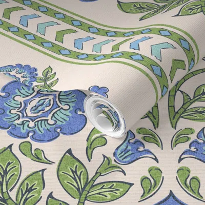 Spoonflower Pre-pasted Wallpaper Aprajita - Indian Floral Block Print- Blue And Green - Large Scale 2' X 12' Rem