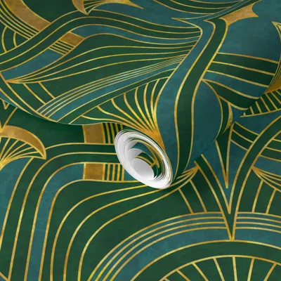 Spoonflower Pre-pasted Wallpaper Art Deco 1920 . Architecture. Viridian. Small 2' X 12' Removable