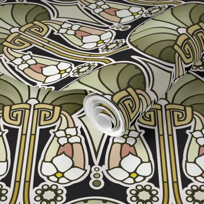 Spoonflower Pre-pasted Wallpaper Art Deco Abstract Mellow Green 2' X 12' Removable In Multi