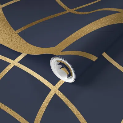 Spoonflower Pre-pasted Wallpaper Art Deco Art 3 Gold Navy 2' X 12' Removable