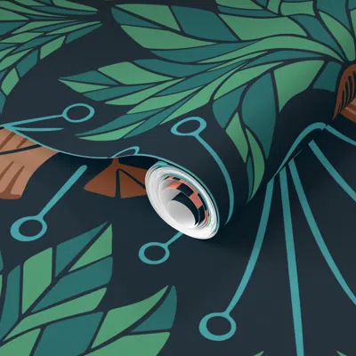 Spoonflower Pre-pasted Wallpaper Art Deco Beach Palms And Pelicans - Deco Dark Blue - Jumbo Scale 2' X 12' Remov